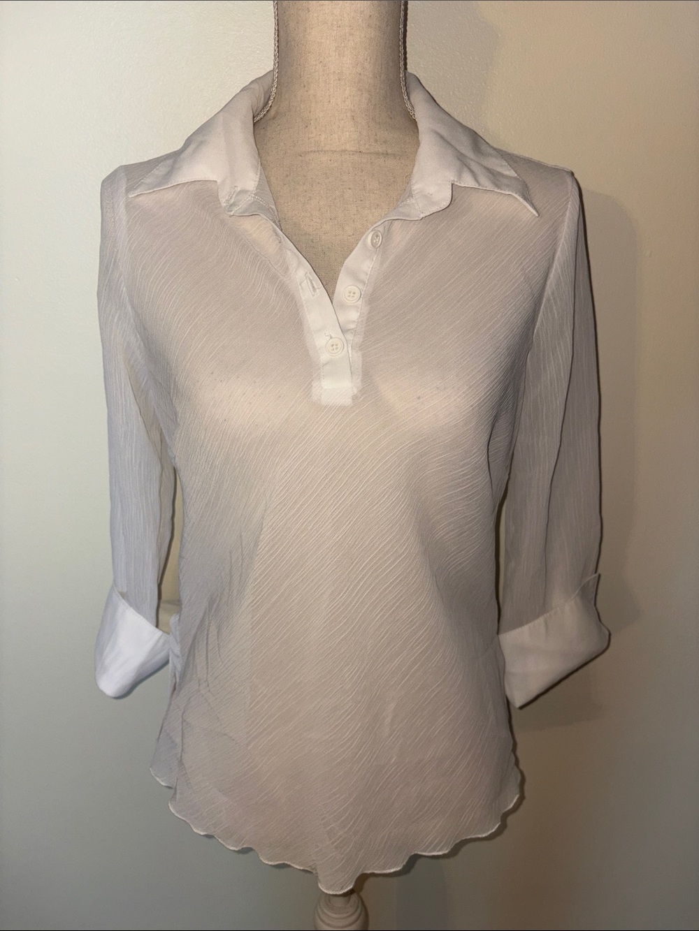 Y2K Vintage La Belle Sheer White Collared 3/4 Sleeve Women's Top